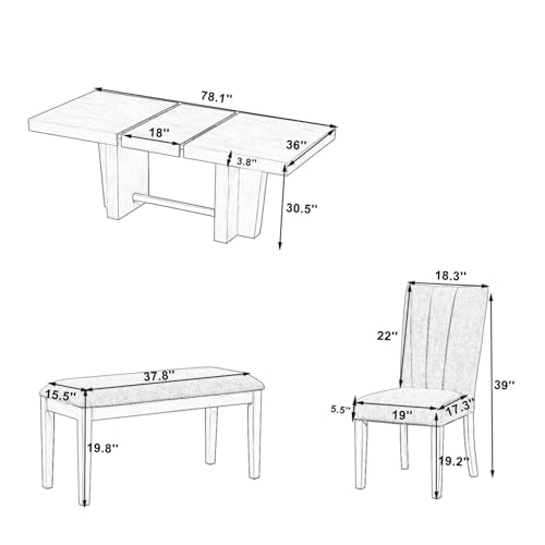 Merax Farmhouse Wooden Dining Set of 6, 78.1 Inch Extendable Kitchen Dining Table, Upholstered 4 Chairs with Backrest, Bench with Cushion, Easy Assemble, Natural Merax