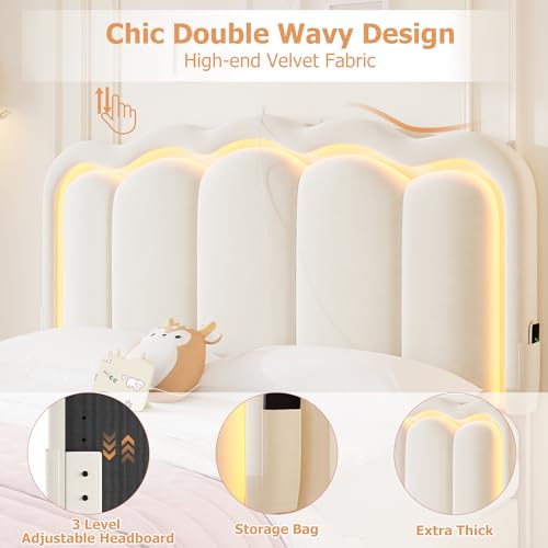 Queen Upholstered LED Bed Frame with 2 Storage Drawers and Adjustable Chic Double Wavy Headboard, Velvet Princess Platform Bed with Charing Station, Solid Wood Slats Support,No Box Spring Needed,Beige Jocoevol