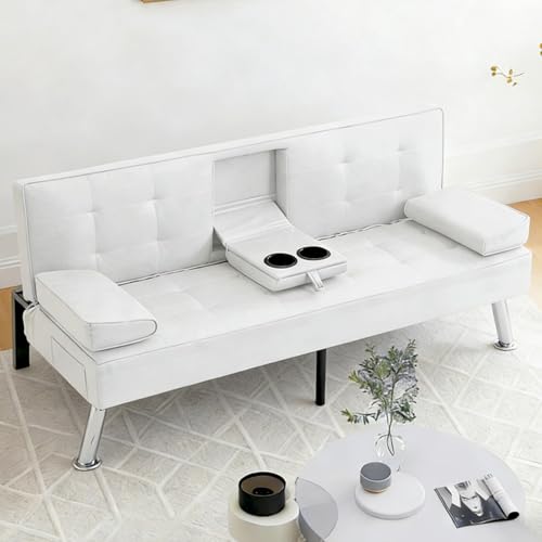 Anwick Convertible Folding Futon Sofa Bed,Modern PU Leather Sleeper Love Seat with 3 Reclining Backrest & Cup Holders,67" Comfy Sofa Couches for Living Room Small Home Office (White) Anwick