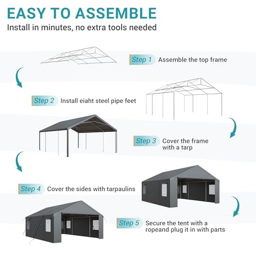 AirWire Carport, Heavy Duty Car Port 20x20 FT, Large Car Canopy with Roll-Up Windows & Side-Opening Door, Outdoor Portable Garage Reinforced Four-Hole Base for Car, Truck, Boat, Motorcycle AirWire