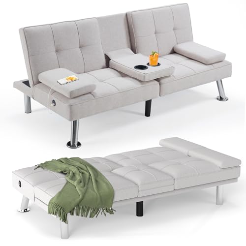 HAOMARKETS Futon Sofa Bed with USB Charging Port, Convertible Futon Couch with 2 Cup Holders,Modern Folding Loveseat Sleeper Couches for Small Spaces, Living Room, White HAOMARKETS