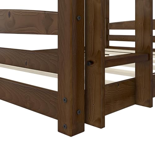 DHP Phoenix Convertible Low Wood Floor Bunk Bed, Stackable and Detachable Bed Frames for Kids, Solid Wood, with Ladder, High Guardrail, Wood Slats, No Boxspring Required, Full-Over-Full, Mocha DHP