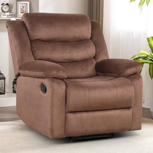 IOMOR Manual Recliner Chair with Overstuffed Arm and Extra-Padded Back, Breathable Fabric Reclining Chair for Adults, Single Sofa for Living Room, Bedroom (Fabric Brown)