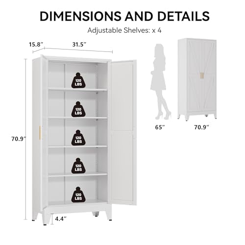 COFaR 71" Metal Pantry Cabinet with 5 Adjustable Shelves, White Storage Cabinet with Doors, Sturdy Freestanding Cupboard for Kitchen Organization, Living Room & Bathroom COFaR
