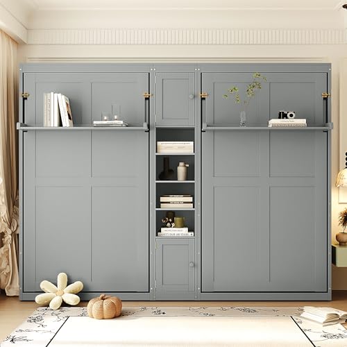 Aiuyesuo Dual Twin Size Wall Murphy Beds with Cabinets and Shelves, Pinewood Murphy Beds Frame with Convertible Shelf-Legs and Central Storage Unit for Guest Room, Bedroom, Home, Office (Gray-JU15) Aiuyesuo