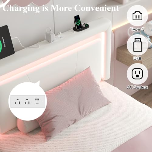 LoVinson Twin Size Bed Frame with 4 Storage Drawers, Charging Station and LED Light, Adjustable Upholstered Headboard, Noise-Free, No Box Spring Needed, Easy Assembly, White LoVinson