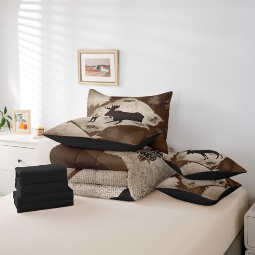 Homewish Moose Cabin King Bedding Set 7 Pieces Cartoon Wild Animal Jungle Trees Comforter Set for Kids Teens Adults Bedroom Decor (Comforter,Flat Sheet,Fitted Sheet,2 Pillowcases,2 Pillow Covers) Homewish