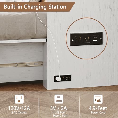 CHUWELL Full Size Murphy Bed with Charging Station & Drawer, Farmhouse Full Size Mobile Cabinet Bed Frame, Murphy Chest Bed Cabinet for Bedroom, Guest Room