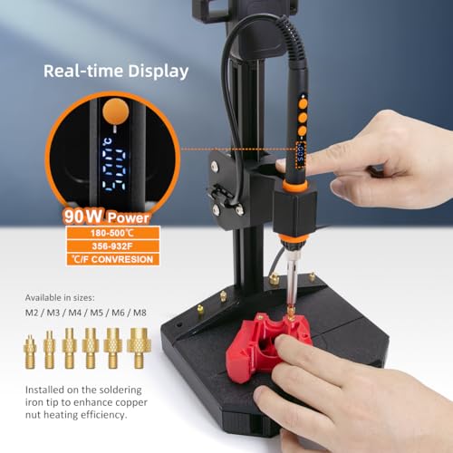 Vertical Heat Set Insert Tool Pressing Machine with 90W Soldering Iron, Heat Set Tips M2-M8, 30PCS Brass Nuts Threaded Inserts for 3D Printed Part Mintion