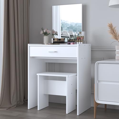 NAIYUFA Vanity Desk,Small Vanity with Storage Drawer & Chair,Makeup Vanity Desk with Mirror,Modern Vanity Table Set for Bedroom Small Space,White NAIYUFA