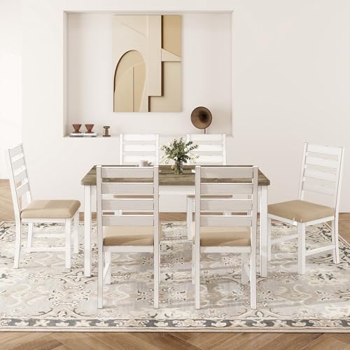 ROCSUMOO Farmhouse Dining Table Set for 6 Person, 59" Kitchen Table Set with 6 Upholstered Chairs, White Rectangular Dinner Room Table & Chairs Set Rustic Wood Stable (6 Chairs) ROCSUMOO