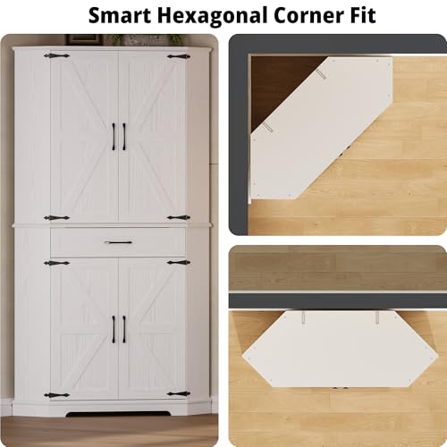 IRONCK 72" Corner Cabinet, Kitchen Pantry Storage Cabinet with Drawer, Spacious Farmhouse Pantry with 3 Adjustable Shelves, 2 Doors Storage, for Kitchen, White IRONCK