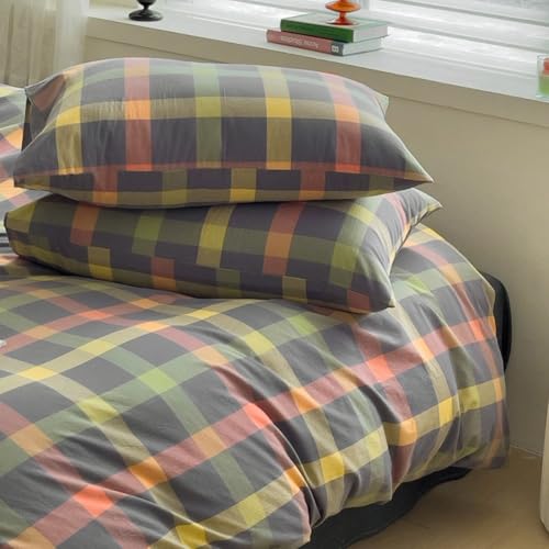 DONUES Plaid Duvet Cover Set King Size Bedding Set 100% Washed Cotton Reversible Multicolor Grid Checkered Duvet Cover with 2 Pillowcases(Queen 104"x90", Comforter Not Included) DONEUS