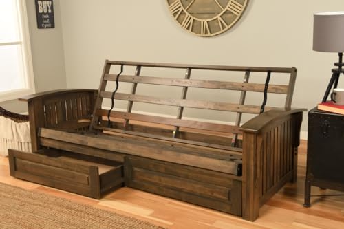 Kodiak Furniture Washington Full Size Futon Frame with Storage Drawers, Rustic Walnut Hardwood Frame Only, Convertible Couch Base for Living Room and Porch Kodiak Furniture