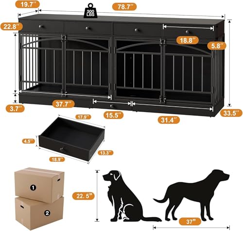 GAOMON Dog Crate Furniture for 2 Dogs, 78.7'' Large Dog Kennel Indoor with 4 Storage Drawers and Feeding Bowls, Double Dog Crate TV Stand for Small and Medium Dogs, Black GAOMON