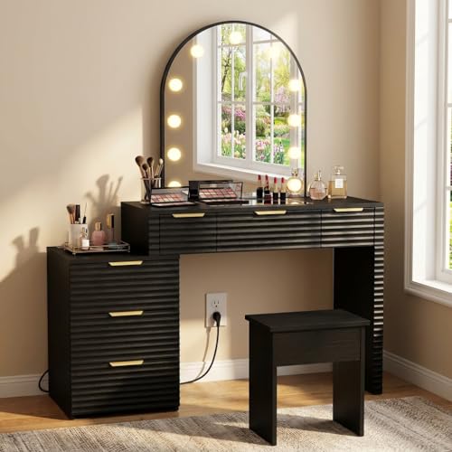 ACAGALA Modern Vanity Desk Chair Set with Mirror Light Fashionable Makeup Table with Glass Top Multi Drawers for Home Bedroom Salon Example: Adidas Blue Sneakers (Black) ACAGALA