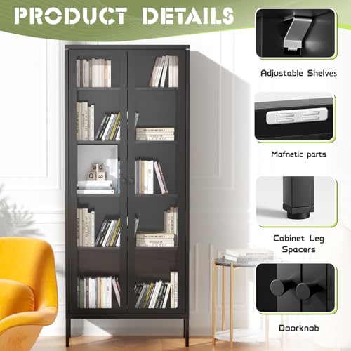 Crownland Metal Storage Cabinet with Glass Doors, Display Curio Glass Cabinet with 4 Adjustable Shelves, Tall Modern Office Storage Cabinet for Bedrooms, Living Room, Pantry(Black) Crownland