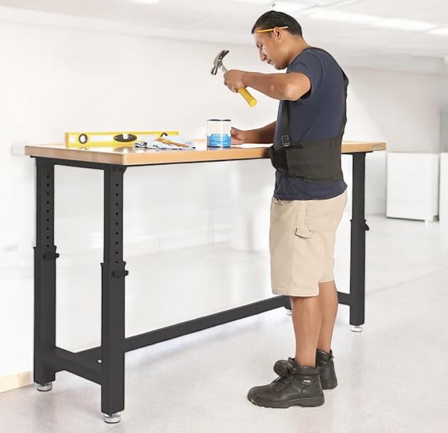 Heavy-Duty Height Adjustable Workbench Table, Maple Wood Top, Steel Frame (Graphite Black, 72" W x 25" D x 28.5”-42” H) WoodArtSupply