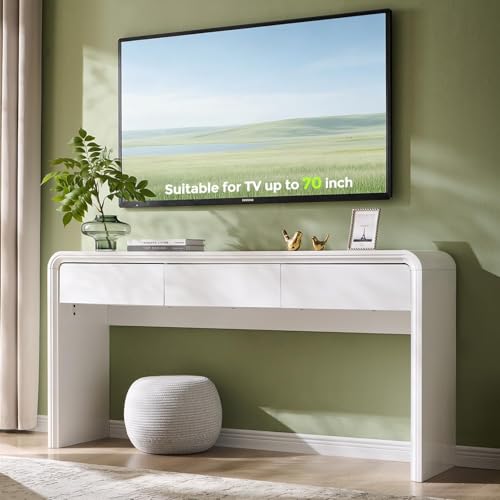Aitjunz 63'' Console Table with 3 Drawers, Modern Entryway Table with Curved Profile Design, Narrow Long Wood Sofa Table Behind Couch Table for Living Room, Hallway, Foyer, White Aitjunz