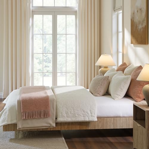 Evermagin Oak Queen Floating Bed Frame with led Lights, Bohemia Fluted 10 Inch High Floating Platform Bed No Headboard, Heavy Duty Metal Float Bedframe, No Box Spring Needed Evermagin