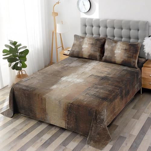 WeCozy King Size Bed Sheet Sets with Pillowcases, Brown Grey Painting 4 Pcs Soft Microfiber Bedding for Kids and Adults, Beige Contemporary Flat, Fitted Sheet for Bedroom Bed Decor WeCozy