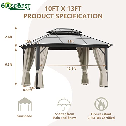 GAZEBEST 10' X 13' Permanent Hardtop Gazebo, Outdoor Polycarbonate Double Roof Pavilion Pergola Canopy with Aluminum Frame and Privacy Curtains for Patio, Garden, Backyard, Lawn GAZEBEST