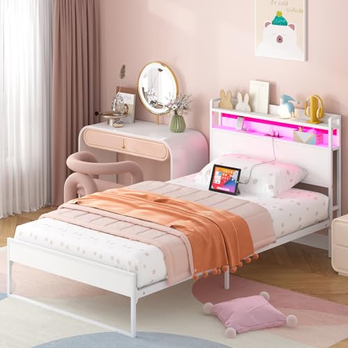 Elephance Twin Bed Frames with Charging Station and LED Lights, Metal Bed Frame with 2-Tier Storage Headboard, No Box Spring Needed, Noise Free, Easy Assembly Elephance