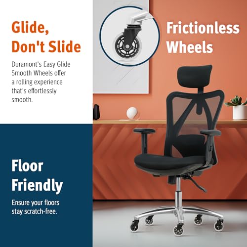 Ergonomic Office Chair - Adjustable Desk Chair with Lumbar Support and Rollerblade Wheels - High Back Chairs with Breathable Mesh - Thick Seat Cushion, Head, and Arm Rests - Reclines (Black) Duramont