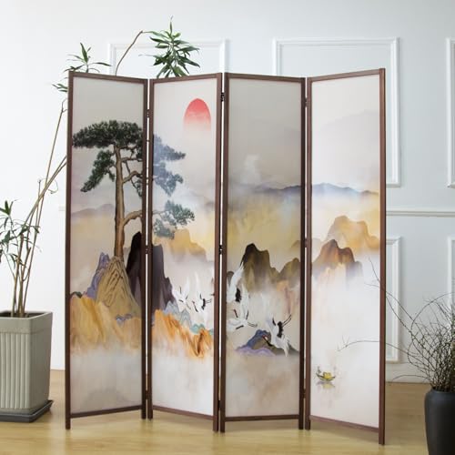 Furnnylane 4 Panel Room Divider Screen,Double Faced Panel Divider Folding Screen Divider for Room Separation,Colorful Landscape,67" H x 63" W Furnnylane