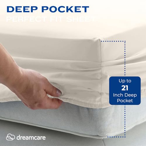 DREAMCARE King Size Sheets Set – 4 pcs Cooling Sheets – up to 21” Deep Pocket King Sheet Set – Hotel Luxury Sheets & Pillowcases – Superior Softness 100% Fine Microfiber with Side Pocket – Ivory DREAMCARE