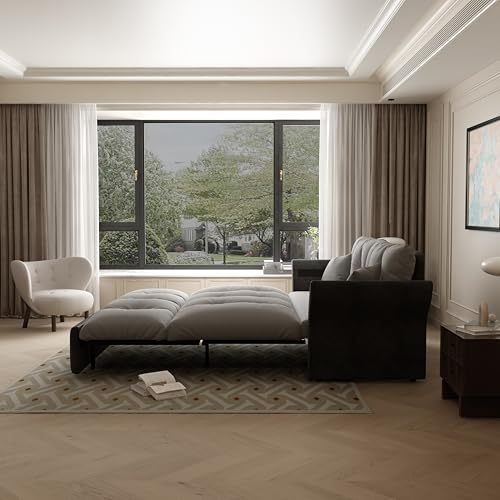 3 in 1 Convertible Pull Out Sleeper Sofa Couch Bed Queen Size, Tufted Velvet Futon Loveseat Recliner Lounge Chaise Cloud Pullout Sofabed with Soft Pillows Armrest, Side Pockets for Living Room Office Eafurn