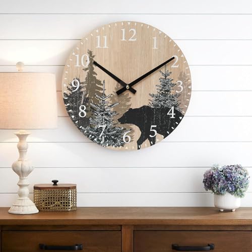 SwallowLiving Cabin Bear Wall Clock 12 Inch Silent Non Ticking Clock Wooden Forest Wildlife Mountain Lodge Wall Clock Battery Operated Rustic Farmhouse Wall Clock SwallowLiving