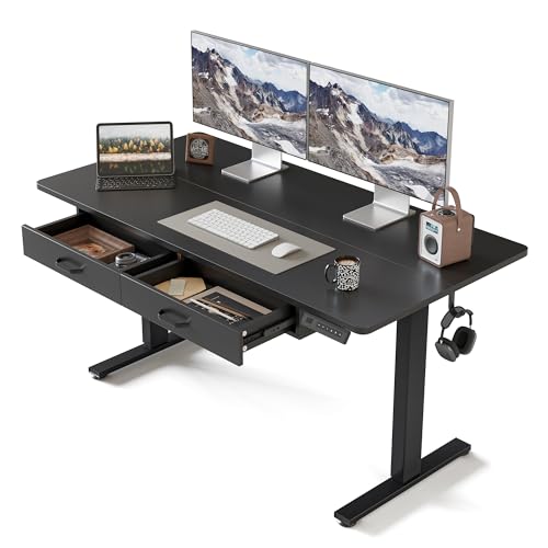 FEZIBO Adjustable Height Electric Standing Desk with Double Drawer, 55 x 24 Inches Stand Up Home Office Desk with Splice Tabletop, Black Frame/Black Top FEZIBO