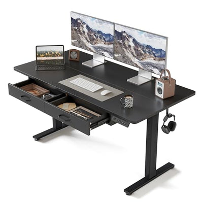 FEZIBO Adjustable Height Electric Standing Desk with Double Drawer, 55 x 24 Inches Stand Up Home Office Desk with Splice Tabletop, Black Frame/Black Top