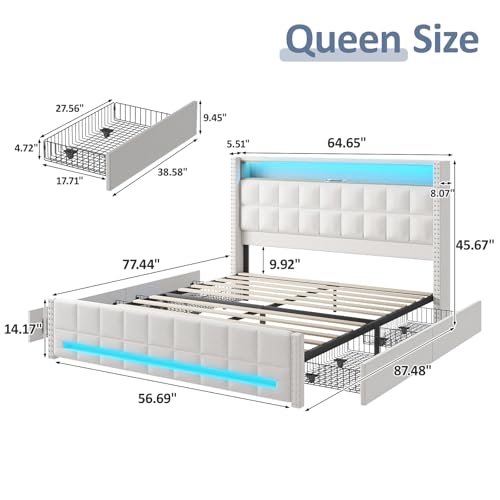 Maupvit Queen Size Bed Frame with 4 Storage Drawers,Upholstered Bed Frame with 2-Tier Storage Headboard,RGB LED Light,Charging Station,No Box Spring Needed,Easy Asse,Beige Maupvit