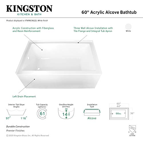 Kingston Brass Aqua Eden VTAP603622L 60-Inch Acrylic Alcove Tub with Left Hand Drain, White Kingston Brass