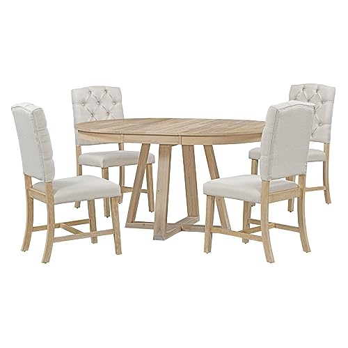 Merax Round Extendable Dining Room Table Set with Chairs for 4-6 Persons Solid Wood Round Kitchen Table and Chairs for Saving Space, Natural Merax