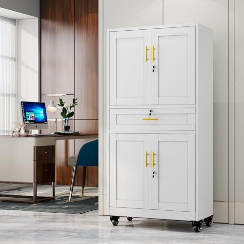 GAIOUS 71” Tall Metal Garage Storage Cabinet with Wheels and Drawer, Steel File Cabinet for Home Office, Tool Cabinet with 4 Locking Doors and 3 Adjustable Shelves, Rolling Cabinet for Garage - White GAIOUS