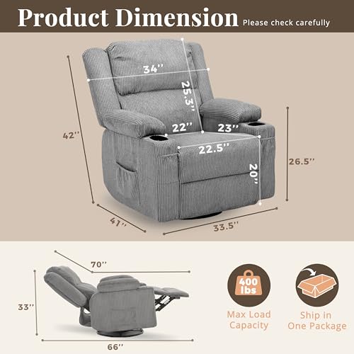 IKAKOS 360 Degree Swivel Rocker Recliner Chair with Heat and Massage, Soft Corduroy Manual Reclining Nursery Glider with USB Port, 2 Cup Holders & 4 Storage Pockets, 400lbs Capacity (Grey)