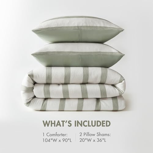 Madison Park Essentials Striped Comforter Set King Size, Yarn-Dyed Reversible Comforter with Minimalist Stripes, Crinkled Texture Bedding Set for All-Season Lightweight Warmth, Merritt Sage Green Madison Park