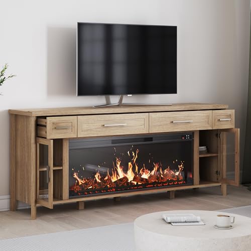 BELLEZE 74 Inch Rustic TV Stand with 48" Electric Fireplace, Extra Large Entertainment Center with Storage Cabinets & 4 Drawers, Media Console Table for Living Room Bedroom (Camel) BELLEZE