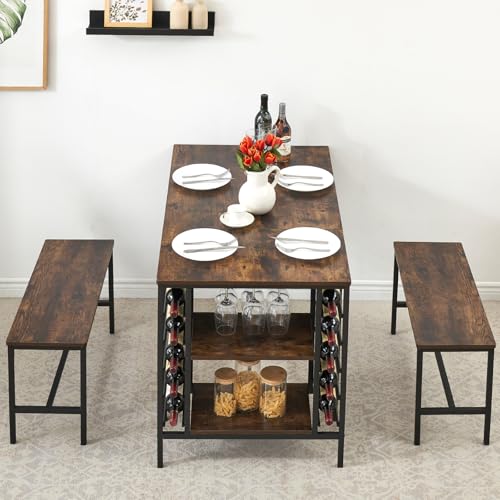Dining Table Set for 4, Kitchen Table with 2 Benches, Wine Rack and Storage Shelf, Rectangular Dining Room Table Set, 3 Piece Dining Table Set for Small Space, Apartment, Dinette, Rustic Brown coucheta