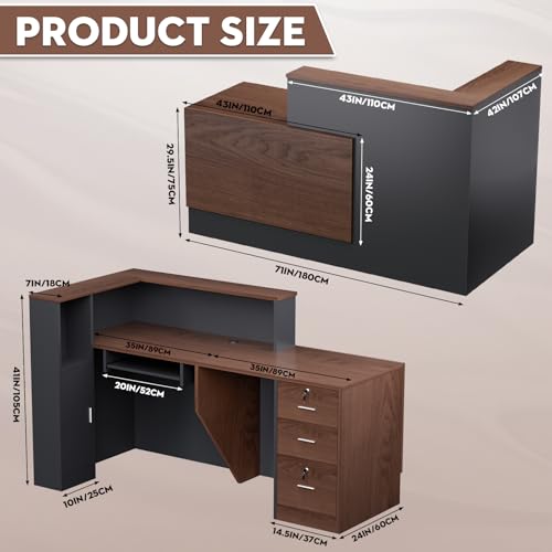L-Shaped Modern Large Wooden Commercial Reception Desk with Counter & Shelves, Front Reception Desk Counter Table with Storage, Drawers for Offices,Home (Brown + Black, Left- 71''L x 42''W x 41''H) Drexo