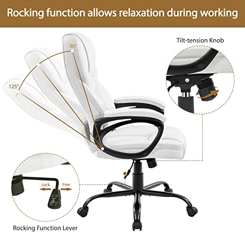 Yaheetech High Back Executive Office Chair Faux Leather Ergonomic Managerial Chair for Meeting Computer Large Seat, Sturdy Metal Base,White Yaheetech