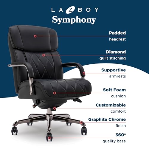 La-Z-Boy Symphony Executive Mid-Back Office Chair, Diamond Quilt Seat and Back, Pocket Coil Cushion, Padded Armrests, Ergonomic Computer DeskChair, Swivel Metal Base, Bonded Leather, Black/Graphite La-Z-Boy