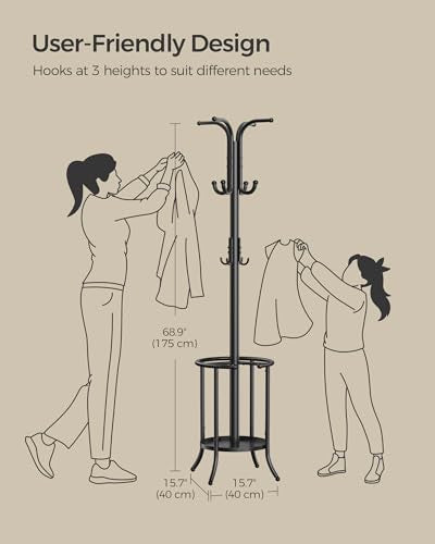 SONGMICS Coat Rack Freestanding, Coat Rack with Umbrella Holder, Metal Coat Rack Stand with 12 Hooks, for Entryway, Hallway, Living Room, Bedroom, Ink Black URCR011B01 SONGMICS