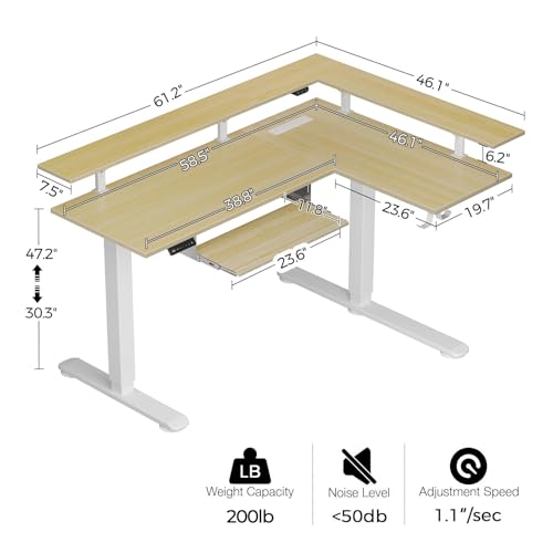 Rolanstar L Shaped Standing Desk with Keyboard Tray, Height Adjustable Corner Desk with LED Light & Power Outlet, Electric Sit Stand Computer Desk with Monitor Stand, Beige Rolanstar