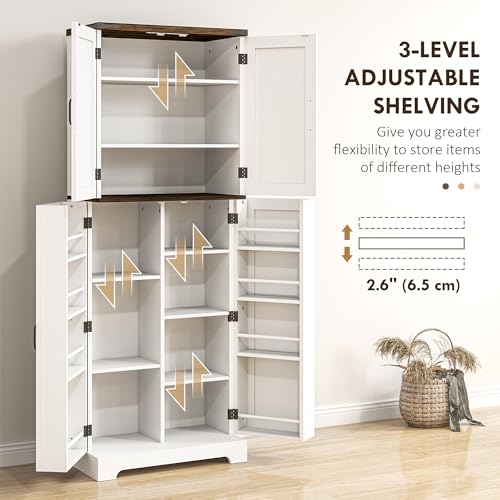 HOMCOM 64" Kitchen Pantry Cabinet with LED Motion Sensor Light, Farmhouse Tall Storage Cabinet with Adjustable Shelves, Cupboard for Living Room, Dining Room, White HOMCOM