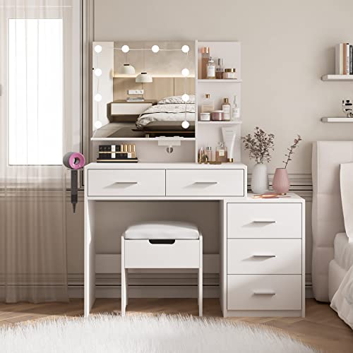 Maupvit Vanity Desk with Mirror and 10 LED Bulbs, Makeup Vanity Set with Charging Station & Nightstand, 5 Drawers Large Capacity, 2 Open Shelves, Dressing Table with Storage Stool for Bedroom, White Maupvit