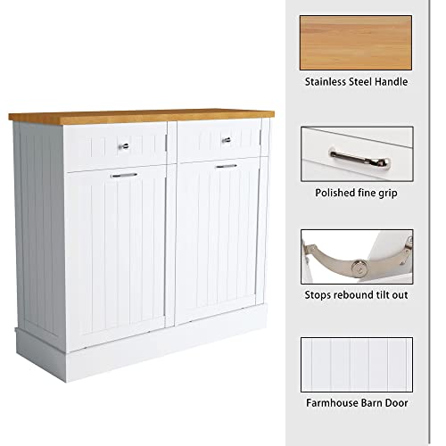 TOLEAD Double Tilt Out Trash Cabinet Free Standing 10 Gallon Recycling Trash Can Cabinet for Farmhouse Kitchen,Living Room, Dining Room, White TOLEAD